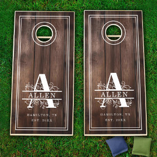 Wood Plank Family Name A Monogram Cornhole Set