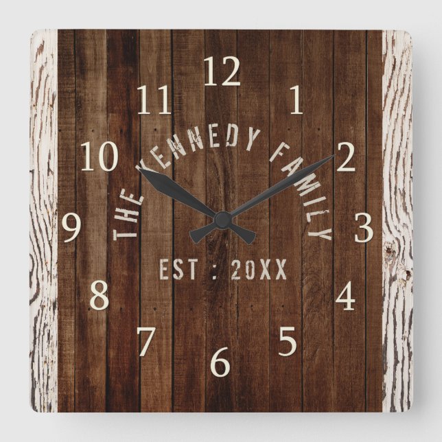 Wood Plank Family Name Farmhouse Square Wall Clock (Front)