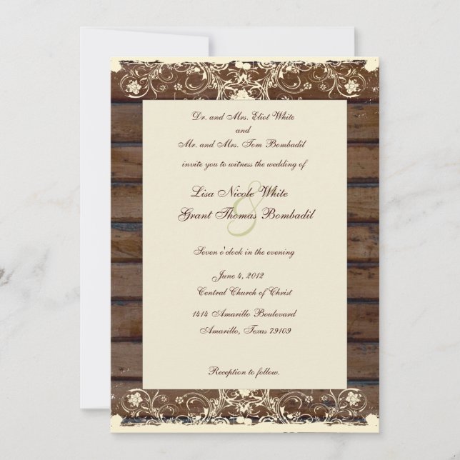 Wood Planks Cream Shabby Lace Wedding Invitation (Front)