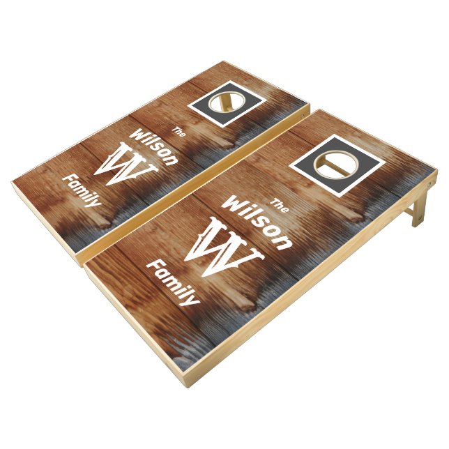 Wood Planks Monogram Family Name  Cornhole Set (Angled)