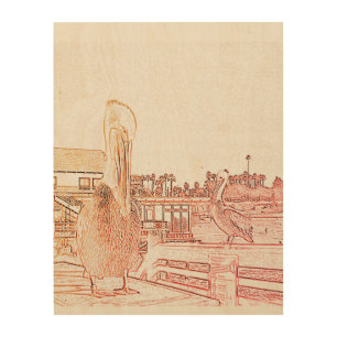 Wood Print - Pelicans on Pier