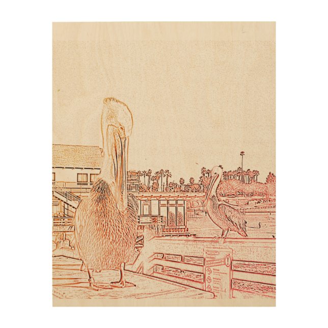 Wood Print - Pelicans on Pier (Front)