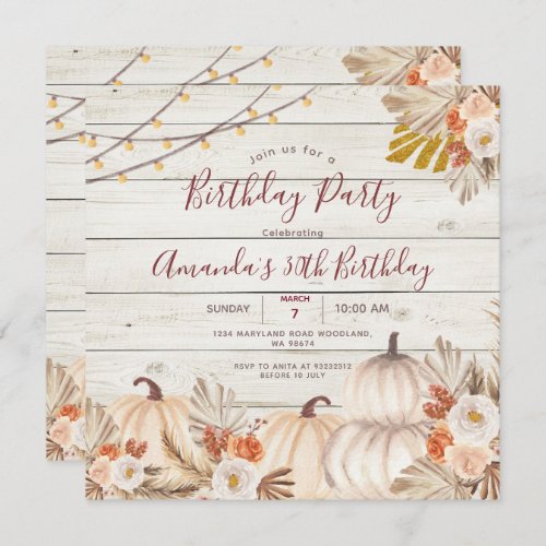 Wood Pumpkin 30th Birthday Boho Pampas Grass  Invitation