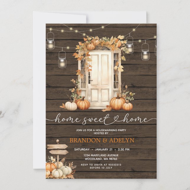 Wood Pumpkin Housewarming Party Home Sweet Home  Invitation (Front)