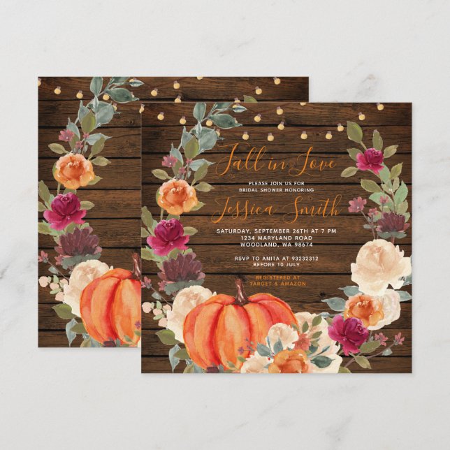 Wood Pumpkin Orange Fall in Love Bridal Shower  Invitation (Front/Back)