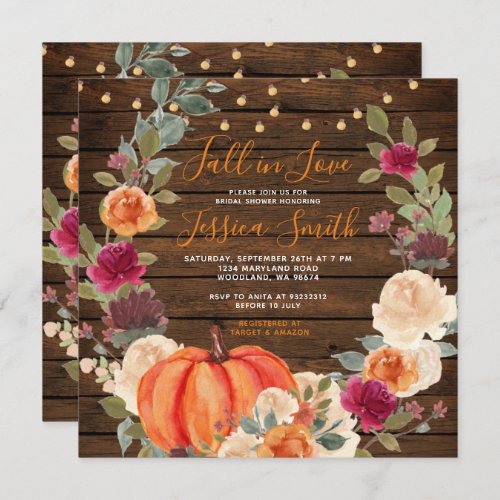 Wood Pumpkin Orange Fall in Love Bridal Shower  Invitation