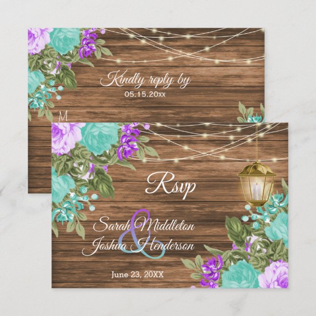 Wood, Purple and Teal Flower - RSVP (Front/Back)