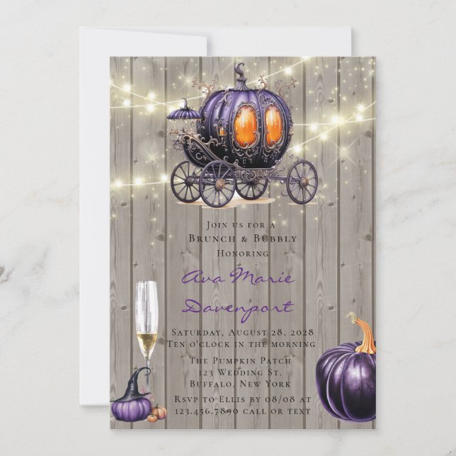 Wood Purple Pumpkin Carriage Brunch & Bubbly Invitation (Front)