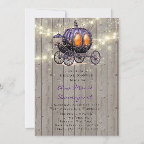 Wood Purple Pumpkin Carriage Lights Bridal Shower Invitation