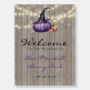 Wood Purple Pumpkin Witch Hat Welcome Sign