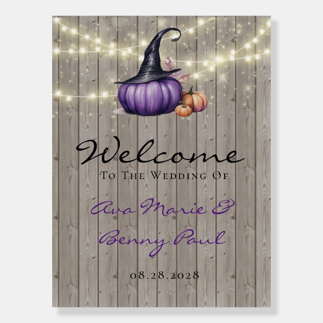 Wood Purple Pumpkin Witch Hat Welcome Sign (Front)
