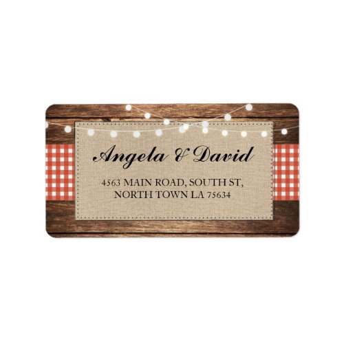 Wood Red Check Burlap Rustic Wedding Address Label