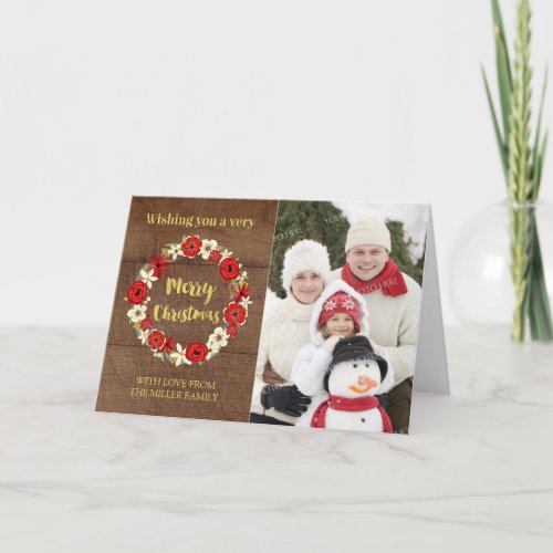 Wood Red Floral Wreath Merry Christmas Photo Holiday Card