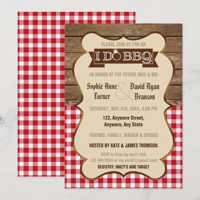 Wood Red Gingham I DO BBQ Engagement Party Invite (Front/Back)