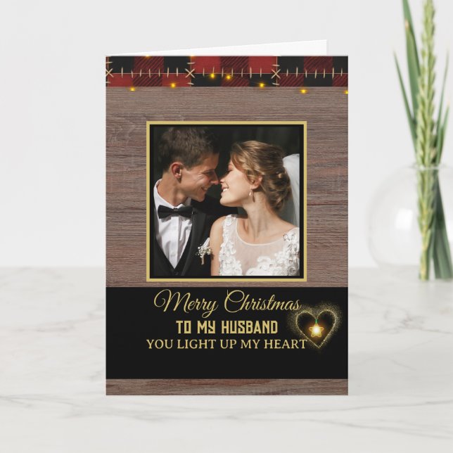 Wood Red Plaid Merry Christmas to my Husband  Card (Front)