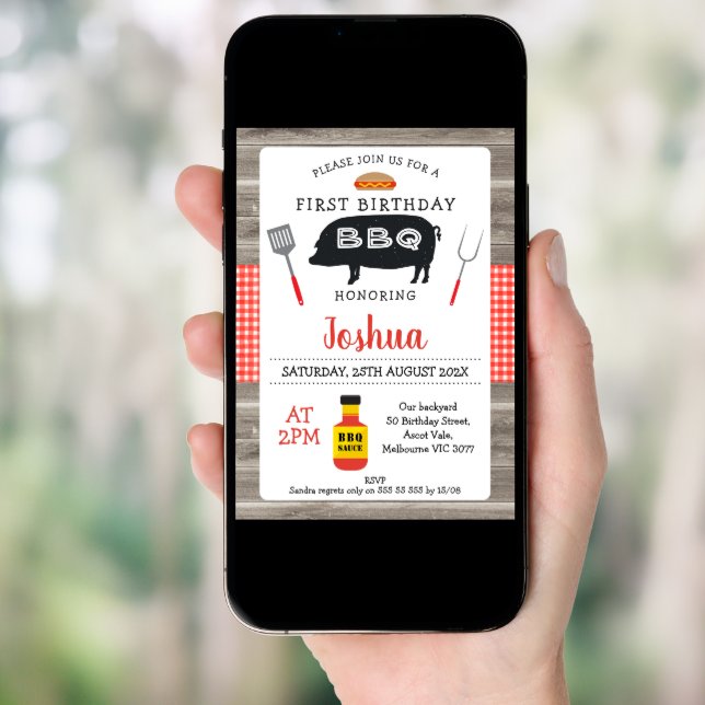 Wood Red Plaid Pig BBQ 1st Birthday Invitation (Front Digital)