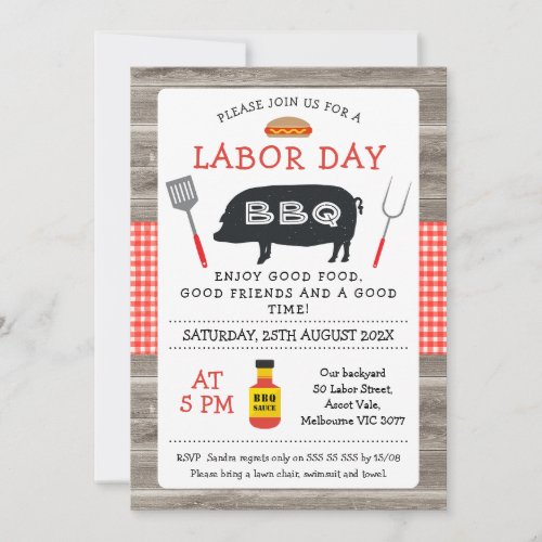 Wood Red Plaid Pig Labor Day BBQ Invitation