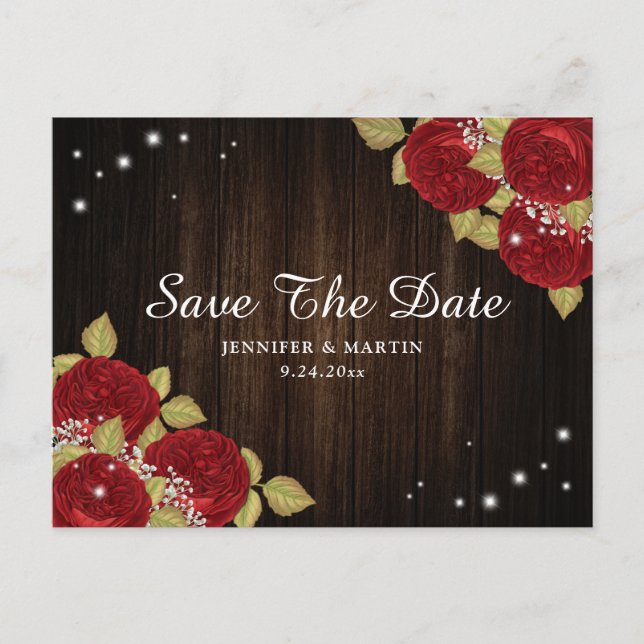 Wood Red Rose Wedding Save The Date Postcards (Front)