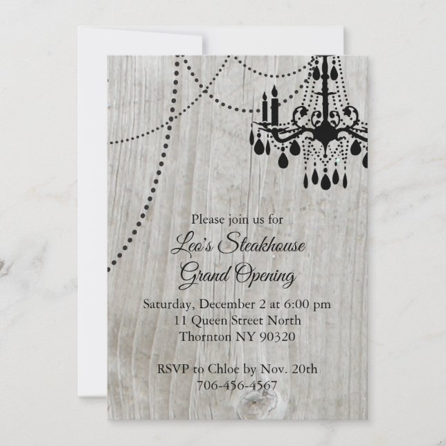 Wood Restaurant Grand Opening with Chandelier Invitation (Front)