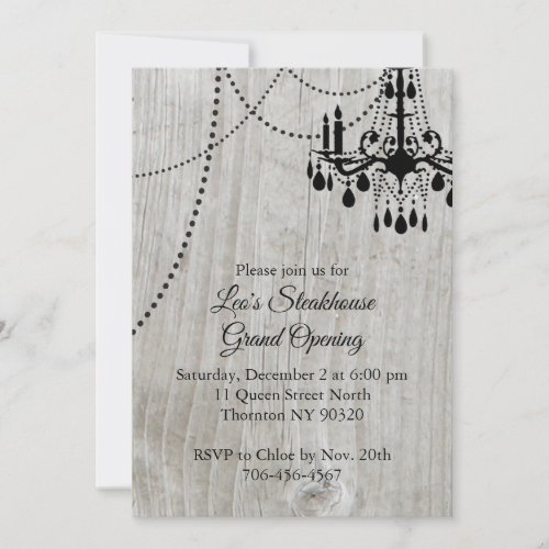 Wood Restaurant Grand Opening with Chandelier Invitation