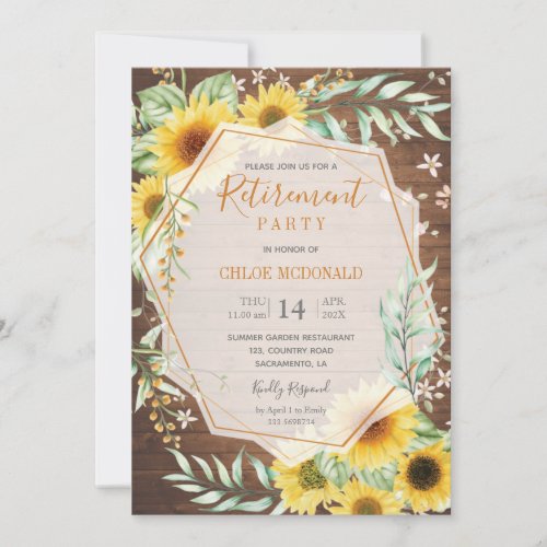 Wood Retirement Party invitation with sunflowers