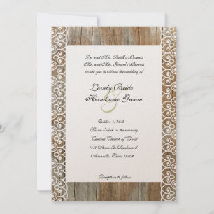 Wood Rings Shabby Lace Heart Wedding Invitation