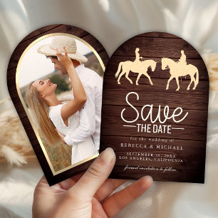 Wood Romantic Western Horse Riders Wedding Photo Save The Date