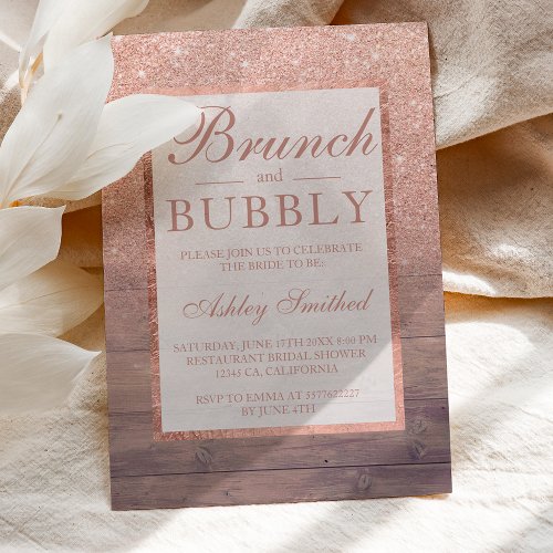 Wood rose gold glitter brunch bubbly bridal shower invitation