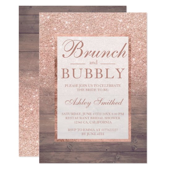 Wood rose gold glitter brunch bubbly bridal shower invitation