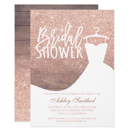 Wood rose gold glitter rustic dress Bridal shower Invitation
