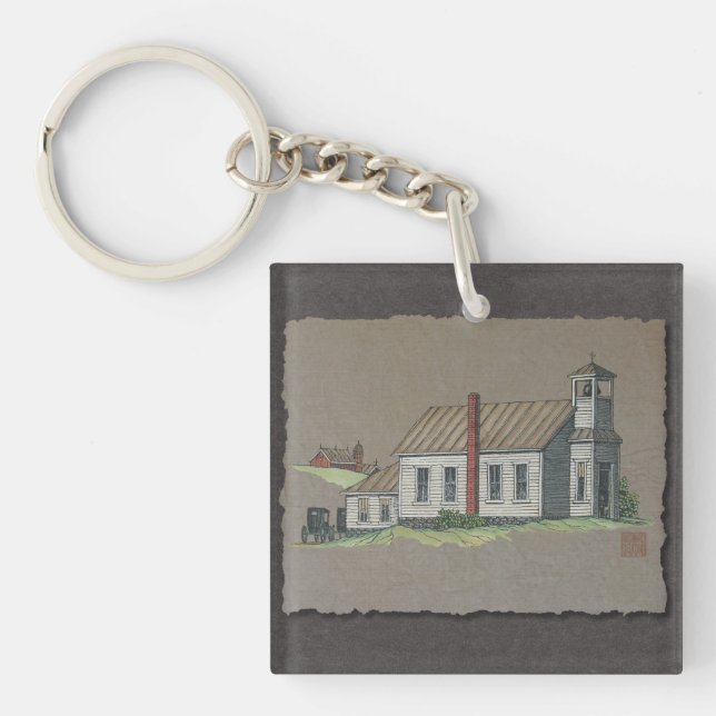 Wood Rural Church Keychain (Front)