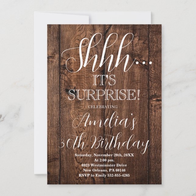 Wood Rustic and White Surprise Birthday Party Invitation (Front)