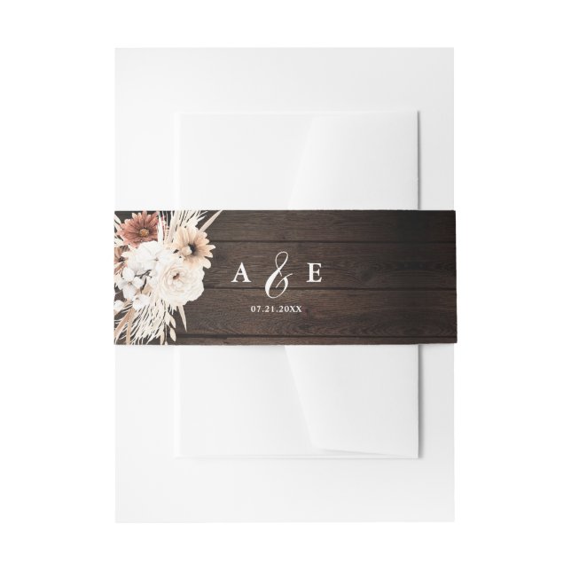 Wood Rustic Boho Flowers Fall Wedding Invitation Belly Band (Front Example)