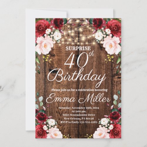 Wood Rustic Burgundy Floral Surprise 40th Birthday Invitation