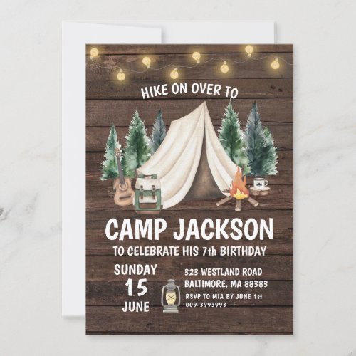 Wood Rustic Camping Kids Birthday Invitation