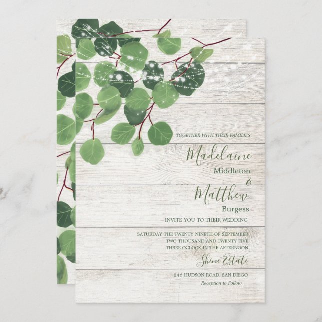 Wood Rustic Eucalyptus Leaves Simple Wedding Invitation (Front/Back)