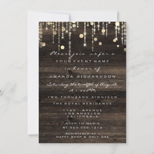 Wood Rustic Gold Drips Birthday Bridal Shower Invitation