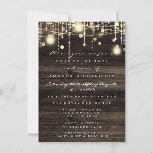Wood Rustic Gold Lights Birthday Bridal Shower Invitation