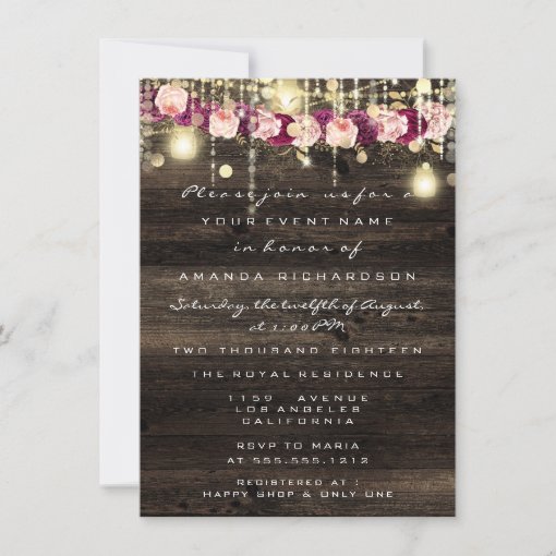 Wood Rustic Gold Lights Jar Bridal Wedding Invitation | Zazzle