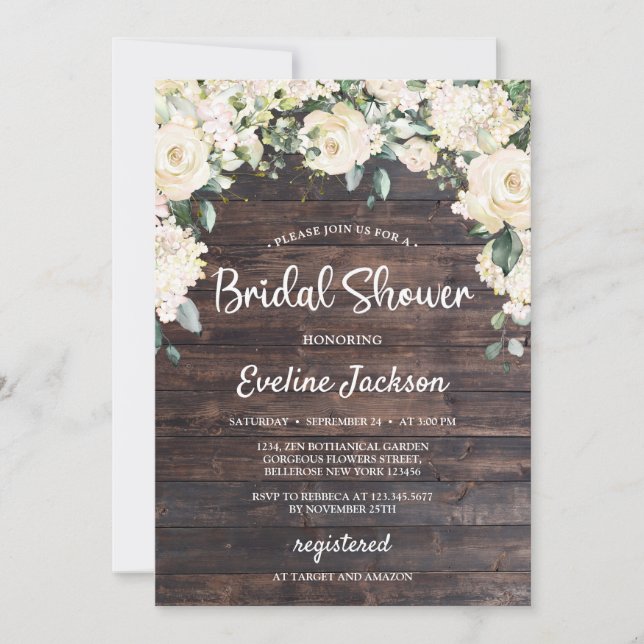 Wood rustic greenery foliage floral bridal shower invitation (Front)