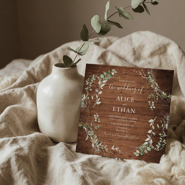 Wood Rustic Greenery Script Wedding Invitation (Creator Uploaded)