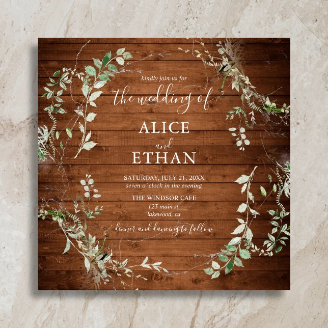 Wood Rustic Greenery Script Wedding Invitation (Creator Uploaded)