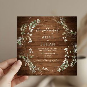 Wood Rustic Greenery Script Wedding Invitation