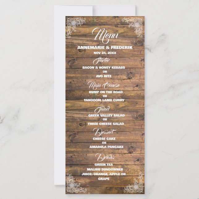 Wood Rustic Lace Wedding Menu (Front)