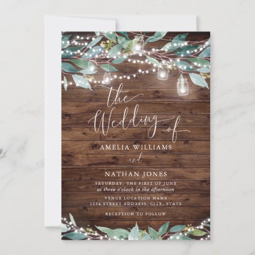 Wood Rustic Leaf String lights Wedding Invitation