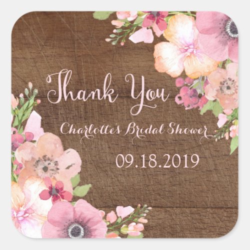 Wood Rustic Pink Watercolor Floral Bridal Shower Square Sticker