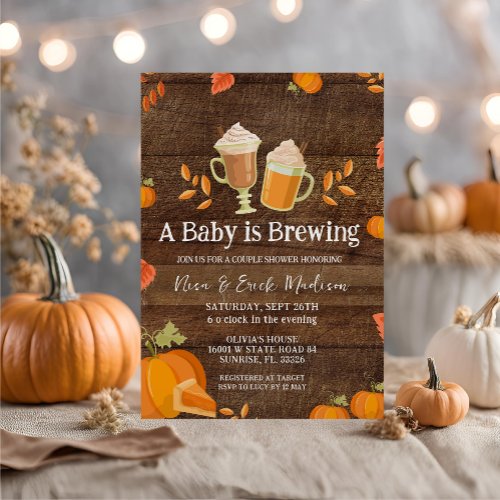 Wood Rustic Pumpkin Baby is Brewing for Boy  Invitation