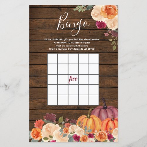 Wood Rustic Pumpkin Floral Burnt Orange Bingo Game