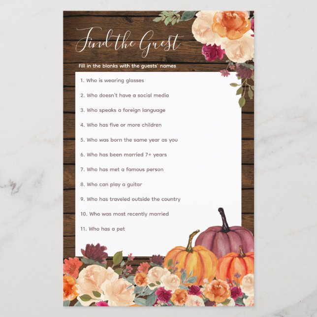 Wood Rustic Pumpkin Floral Find the Guest Game (Front)