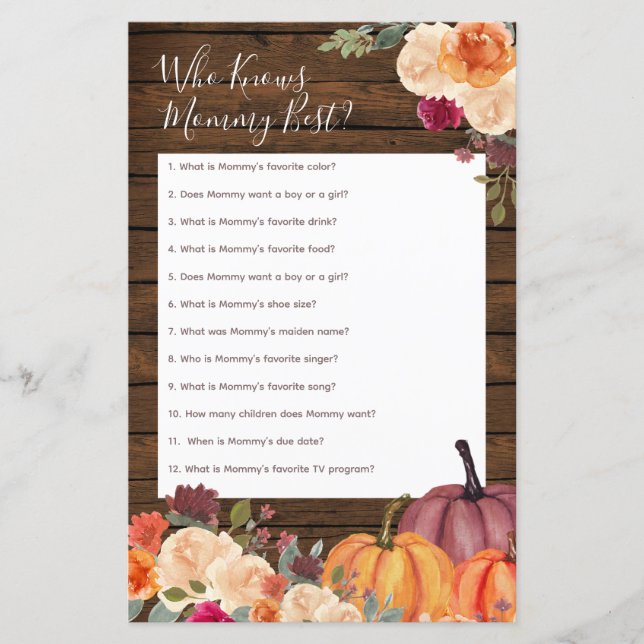 Wood Rustic Pumpkin Who Knows Mommy Best Game (Front)